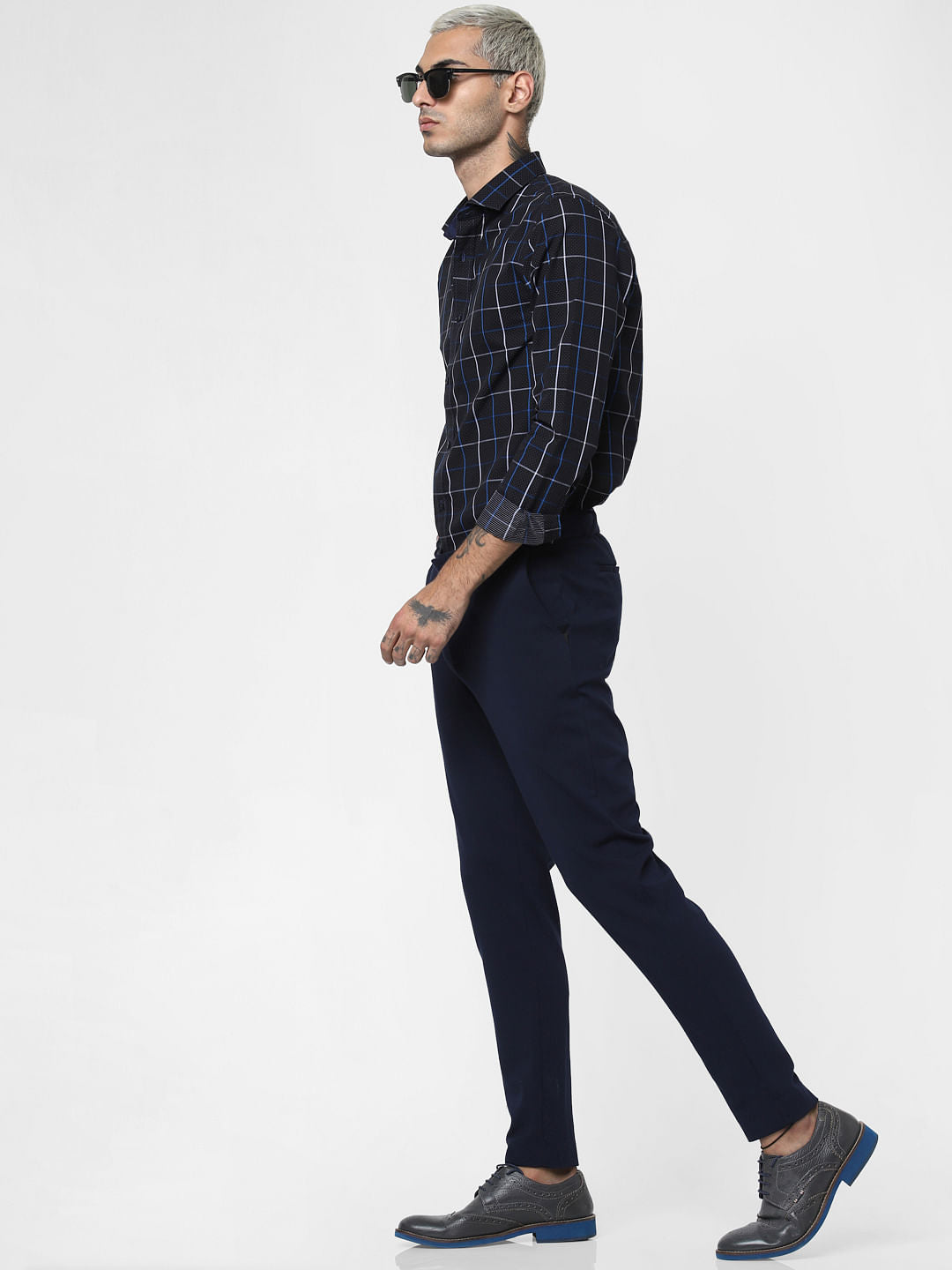 Navy Blue Check Full Sleeves Shirt - S
