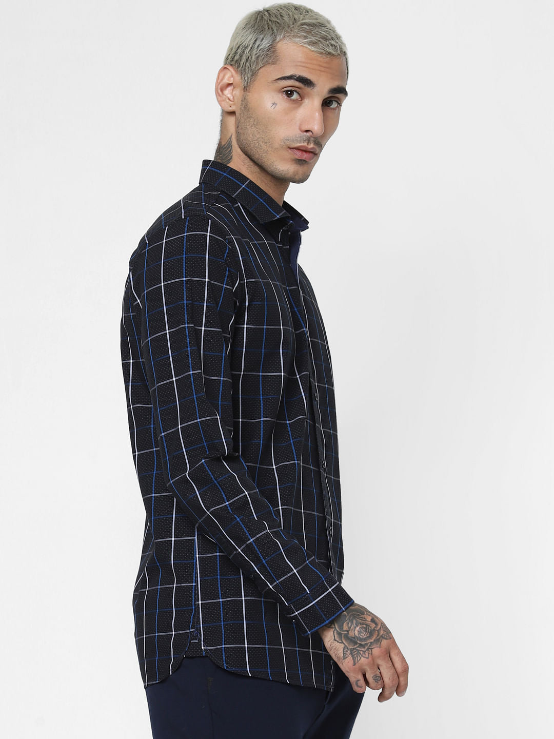 Navy Blue Check Full Sleeves Shirt