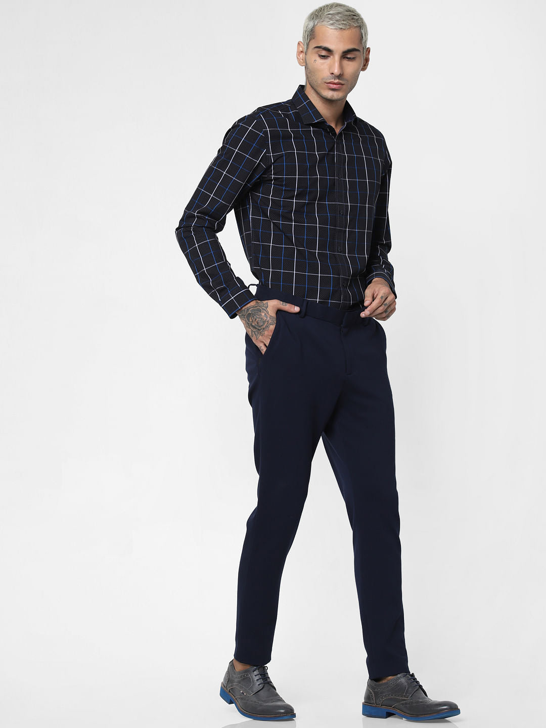 Navy Blue Check Full Sleeves Shirt