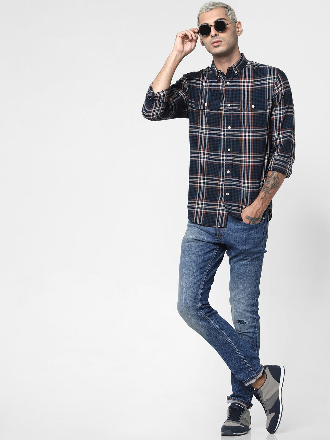 Navy Blue Check Full Sleeves Shirt - S