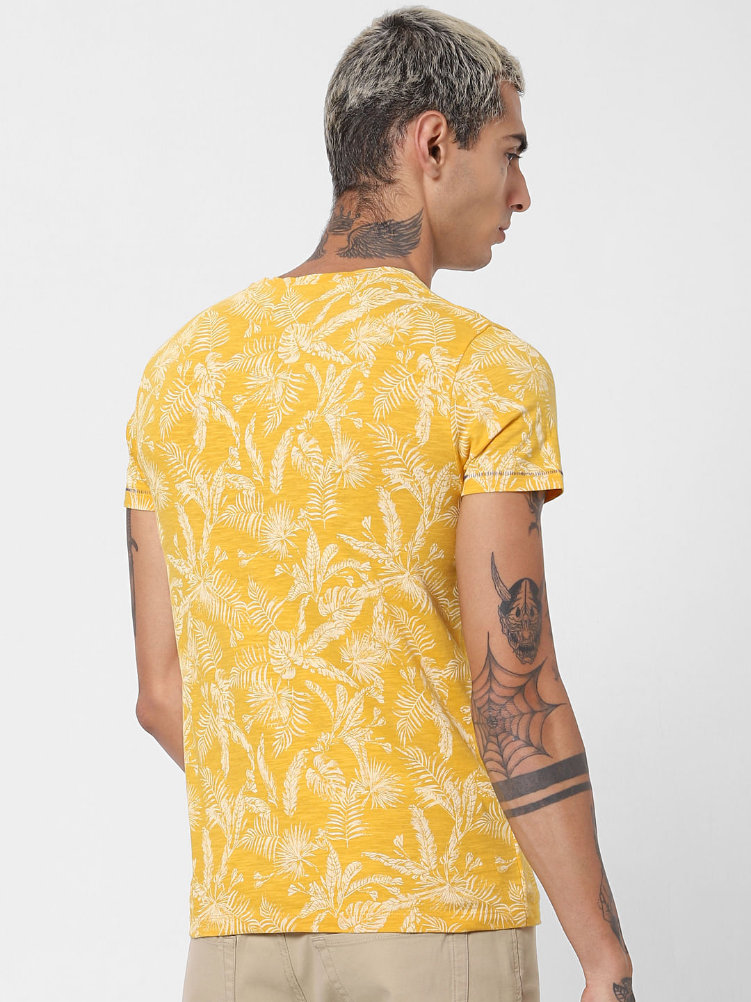 Yellow Tropical Print Crew Neck T-shirt