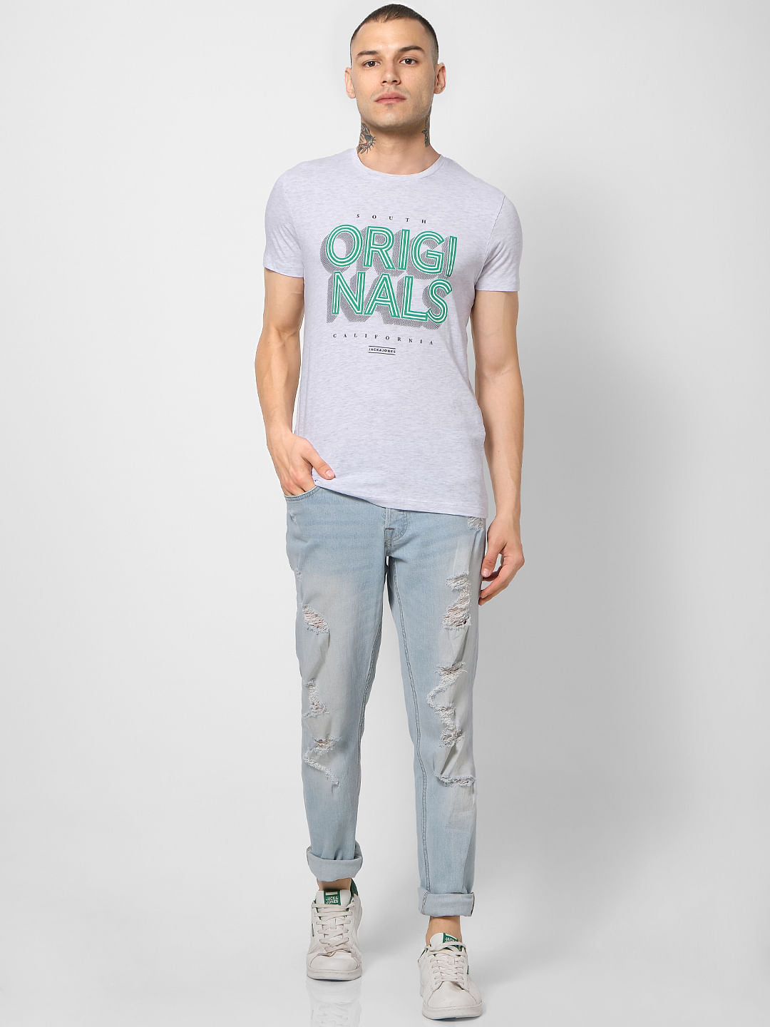 Light Grey Logo Print Crew Neck T-shirt - S