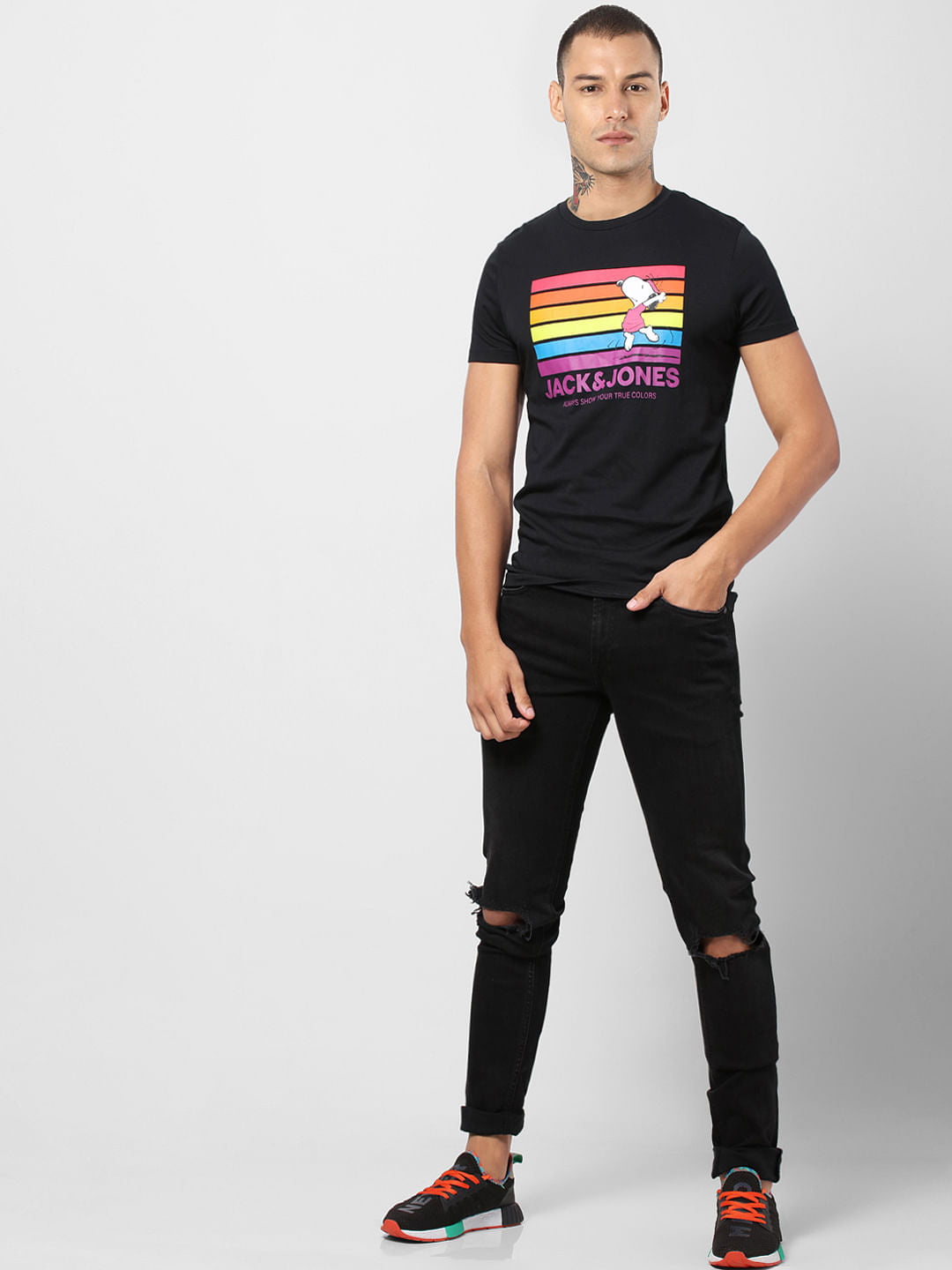 Black Snoopy Print Crew Neck T-shirt - S