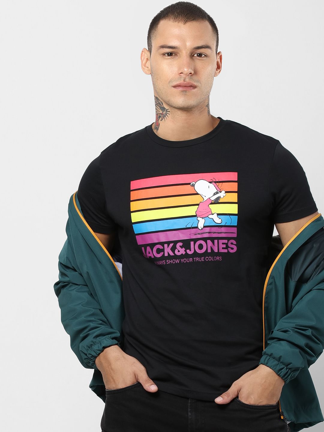 Black Snoopy Print Crew Neck T-shirt