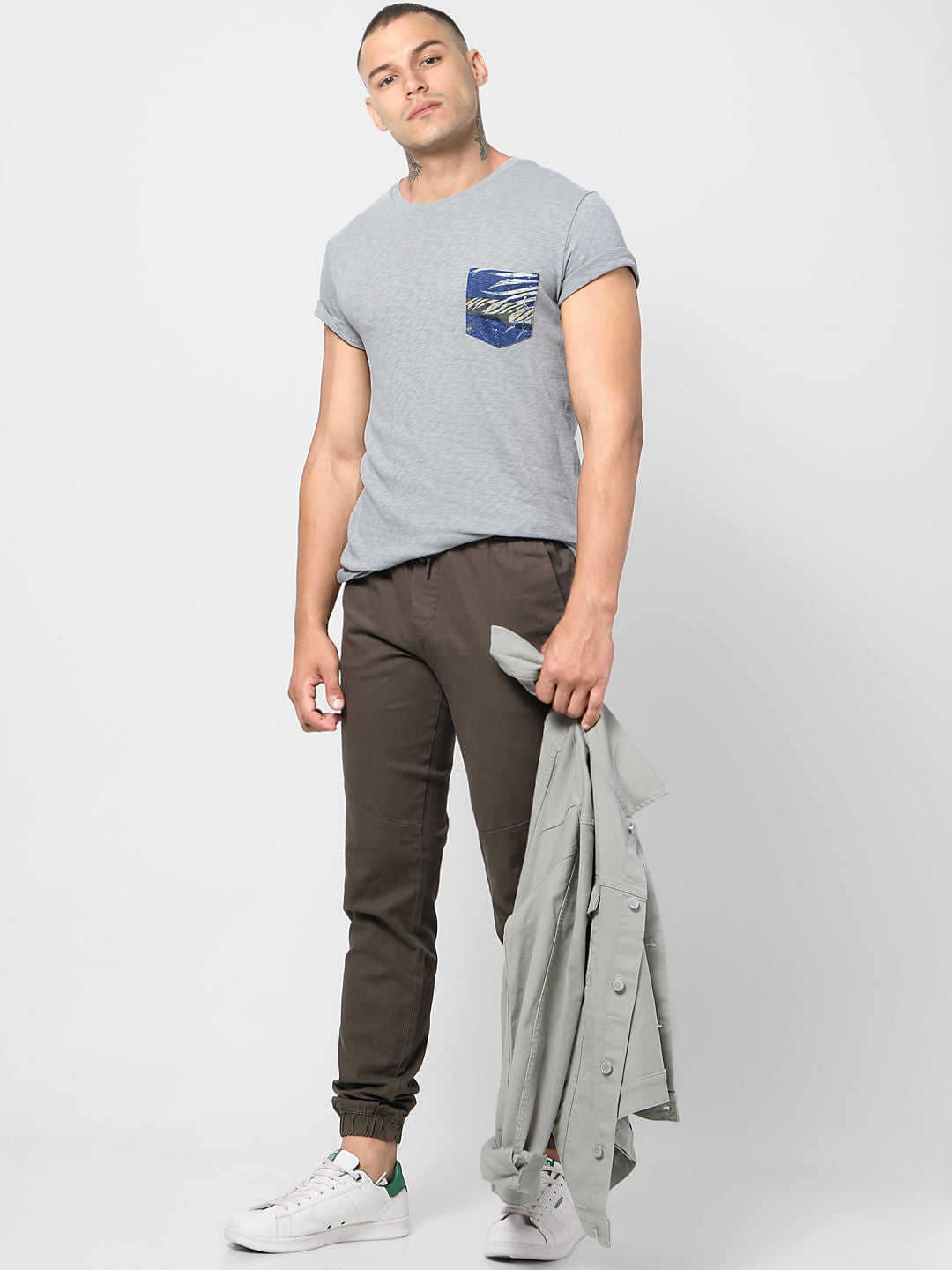 Light Grey Printed Pocket Crew Neck T-shirt