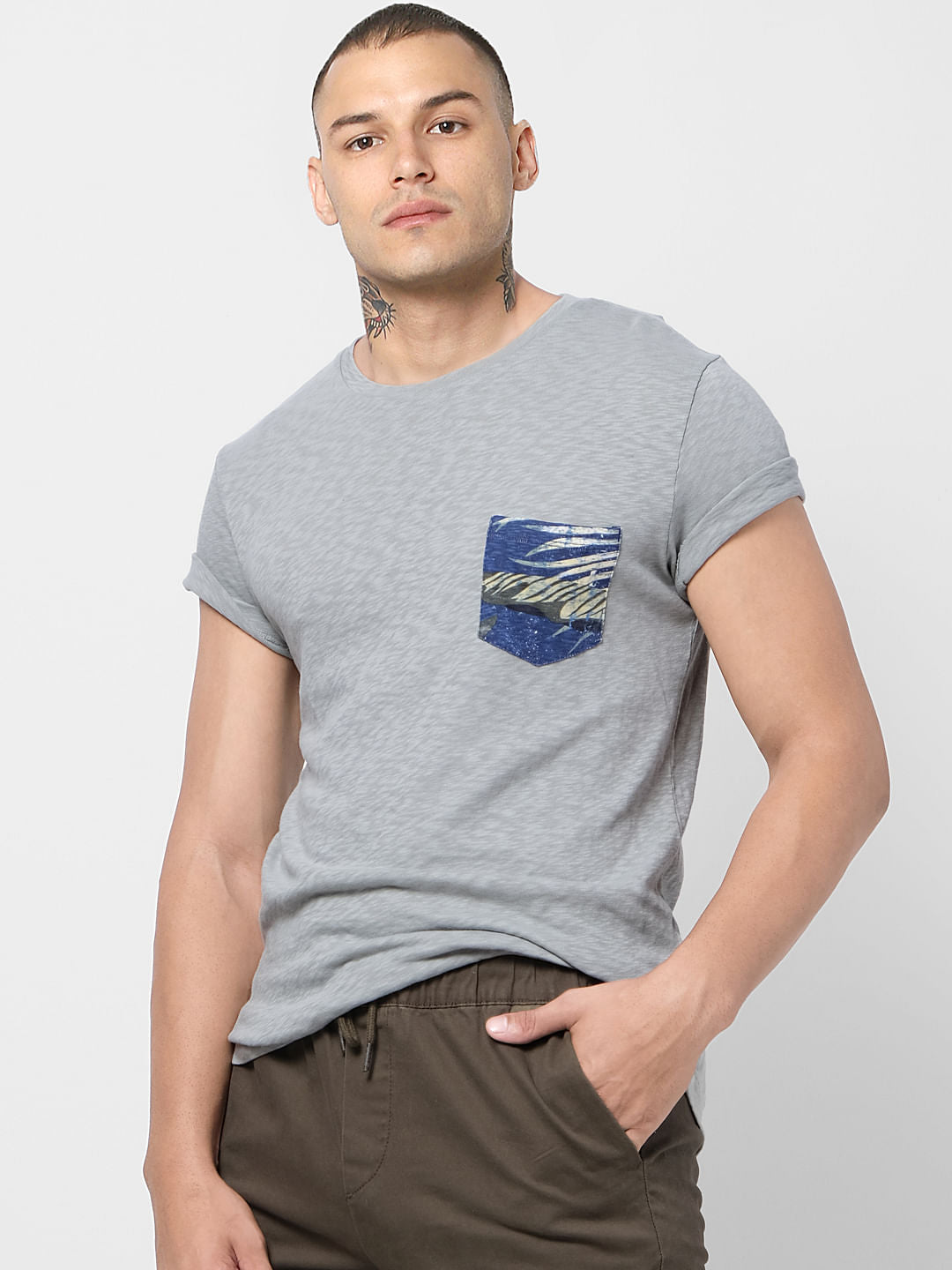 Light Grey Printed Pocket Crew Neck T-shirt