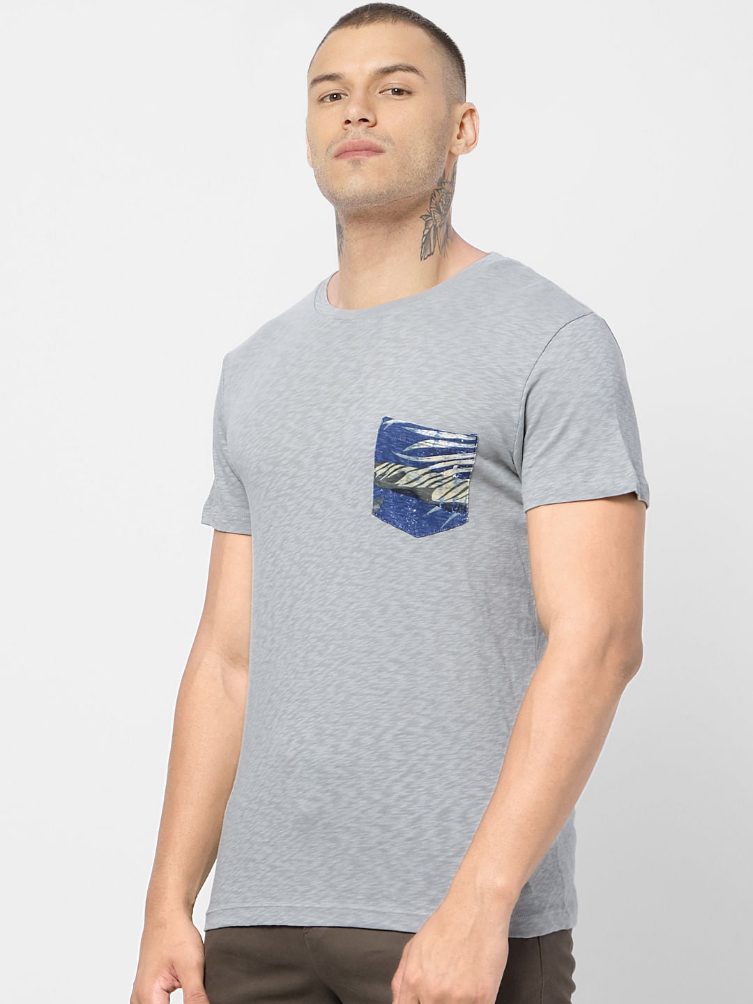 Light Grey Printed Pocket Crew Neck T-shirt