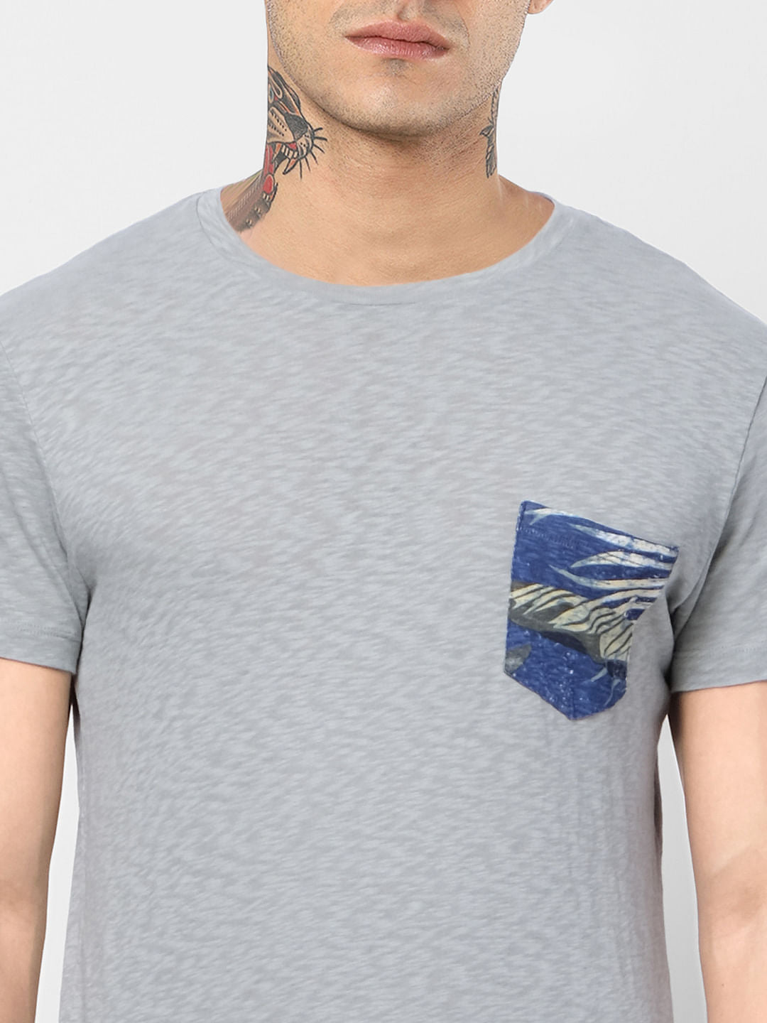 Light Grey Printed Pocket Crew Neck T-shirt