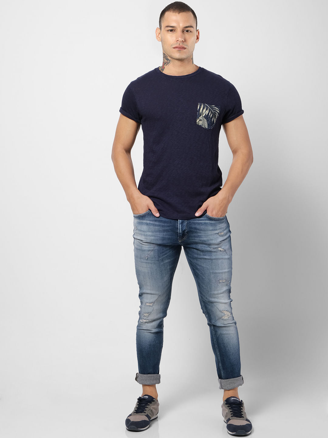 Navy Blue Printed Pocket Crew Neck T-shirt - S