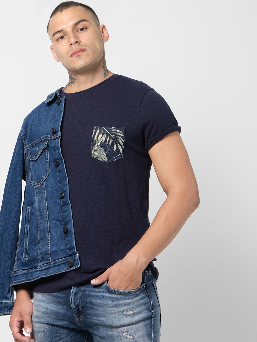 Navy Blue Printed Pocket Crew Neck T-shirt
