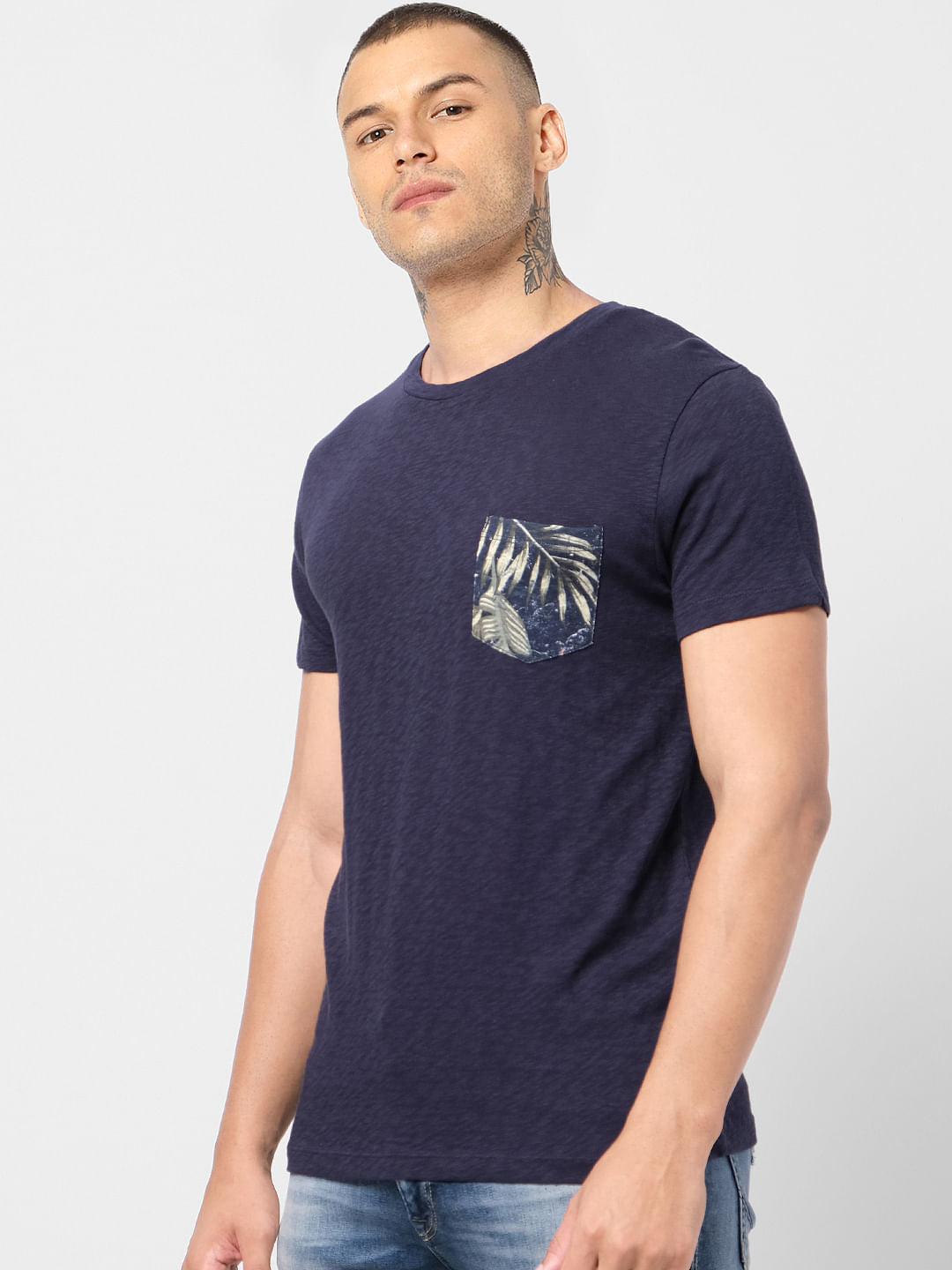 Navy Blue Printed Pocket Crew Neck T-shirt
