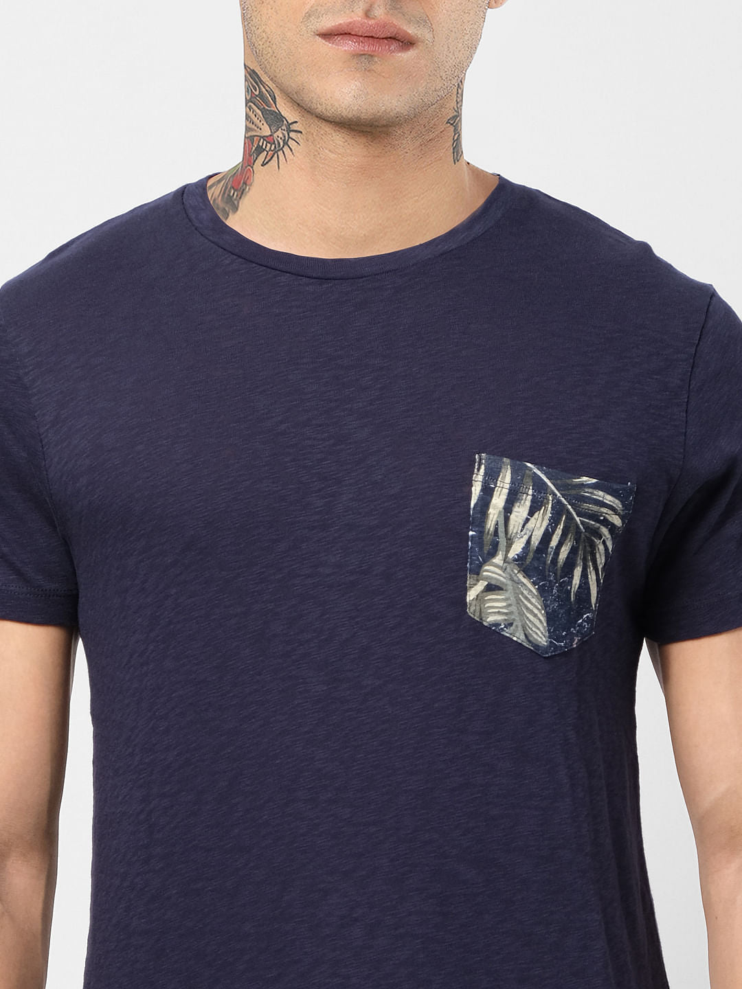 Navy Blue Printed Pocket Crew Neck T-shirt