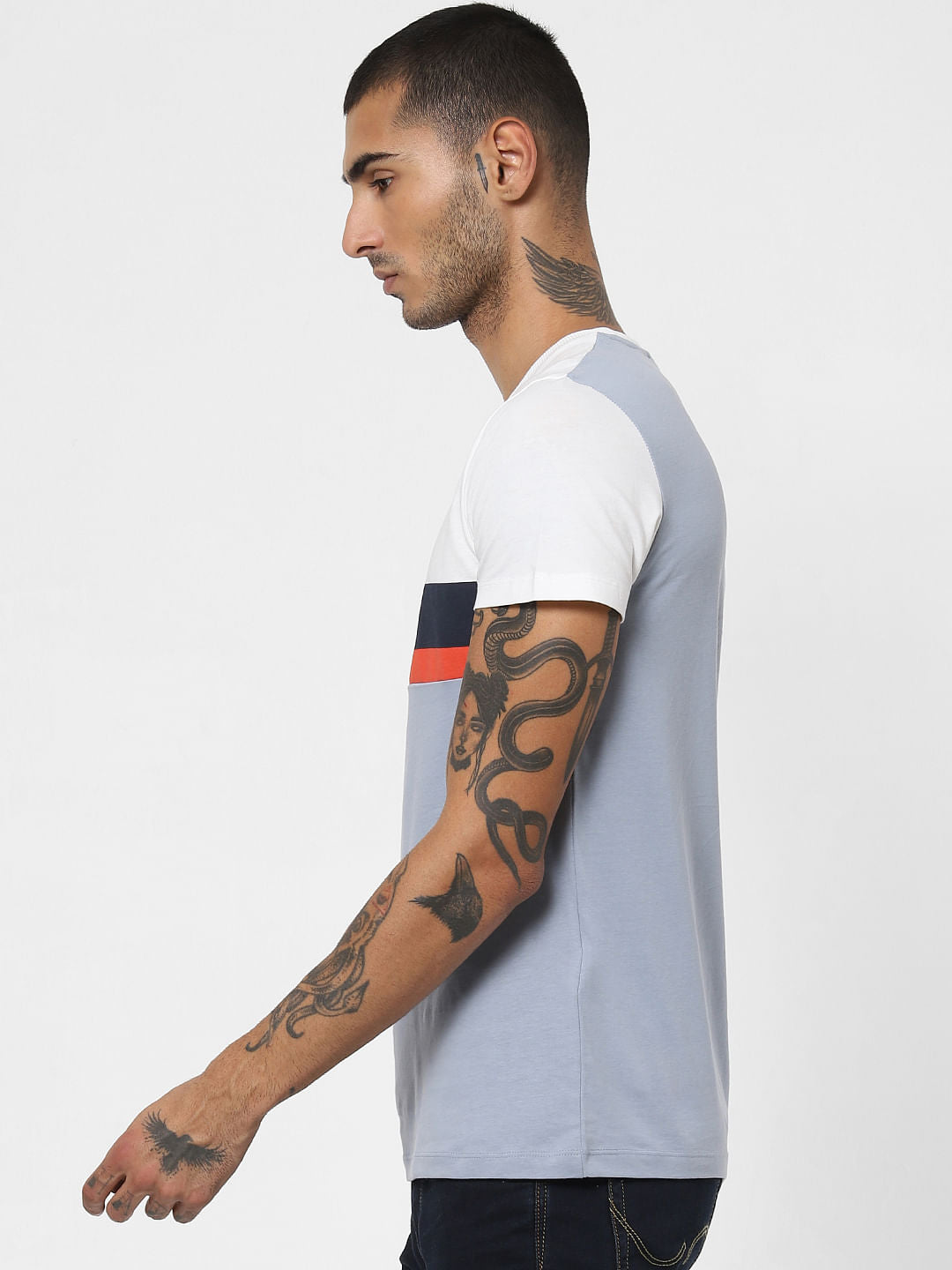 Blue Colourblocked Crew Neck T-shirt