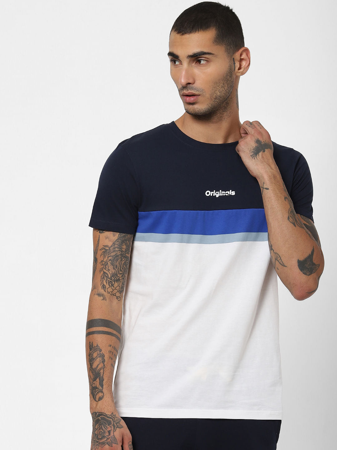 White Colourblocked Crew Neck T-shirt
