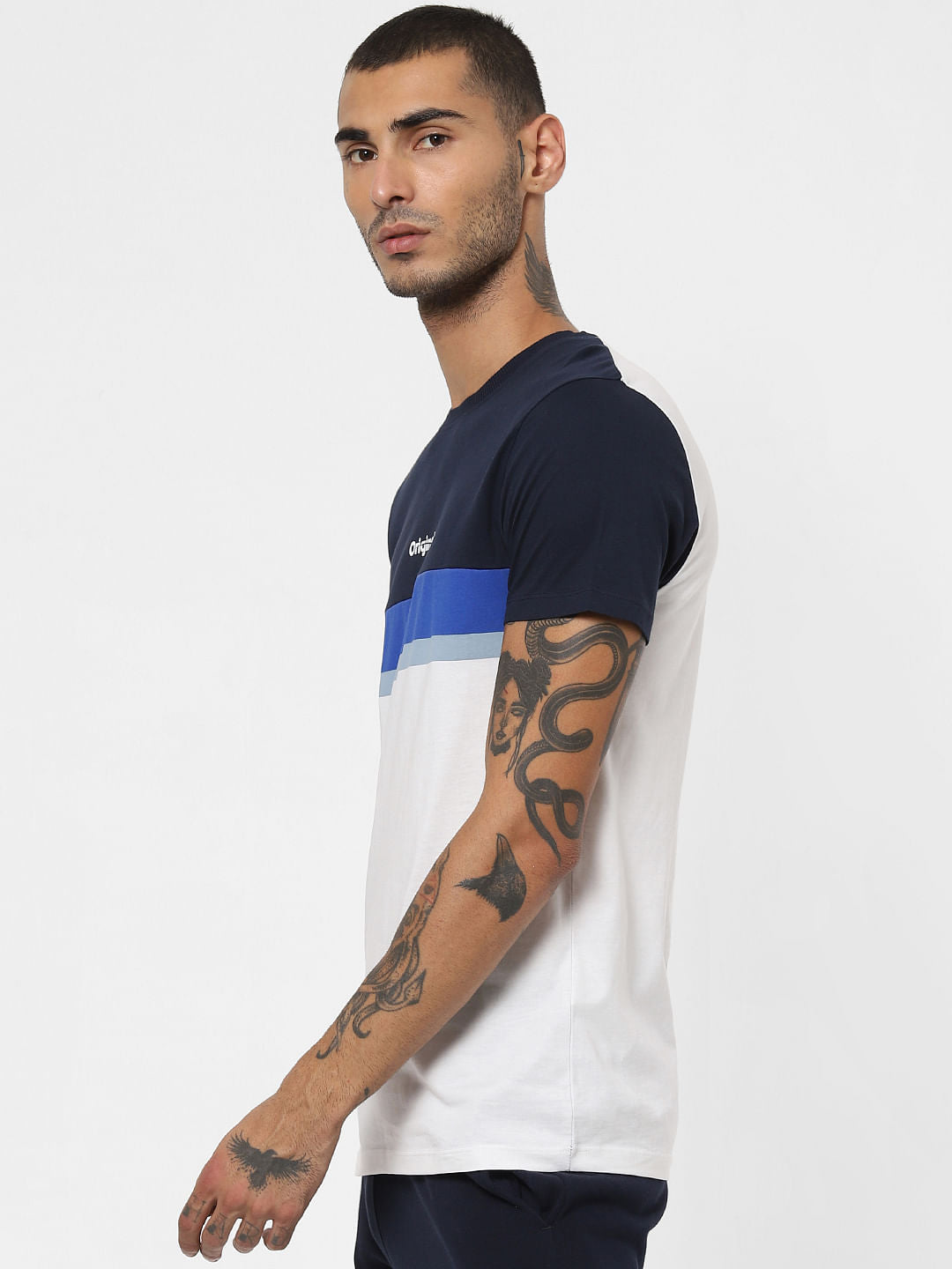 White Colourblocked Crew Neck T-shirt