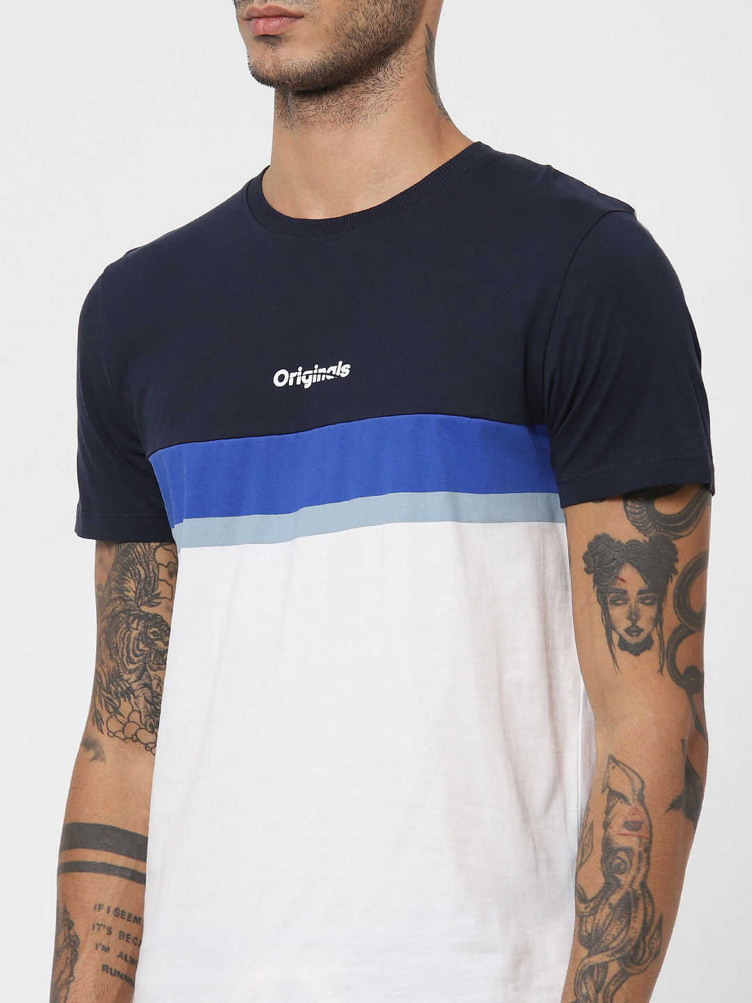 White Colourblocked Crew Neck T-shirt