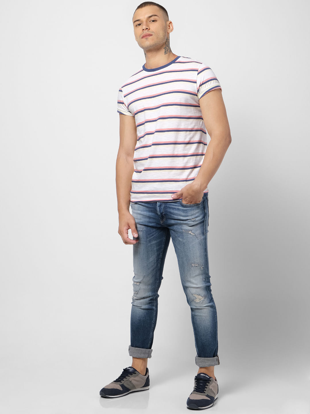 White Striped Crew Neck T-shirt - S