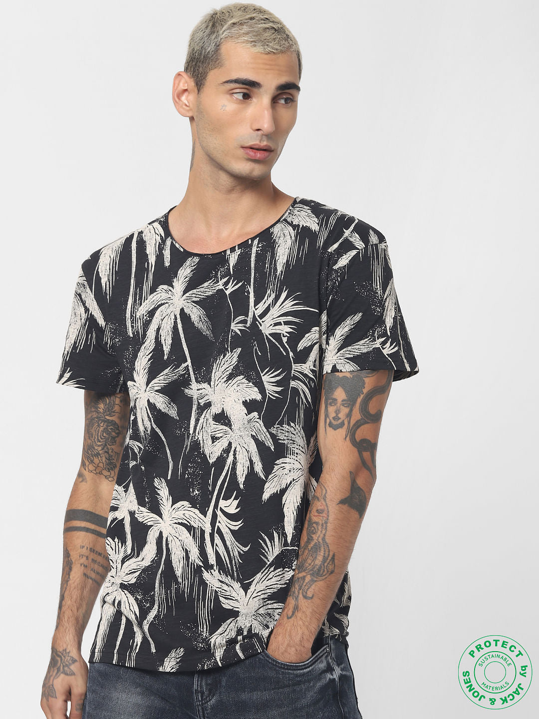 Black Tropical Print Crew Neck T-shirt