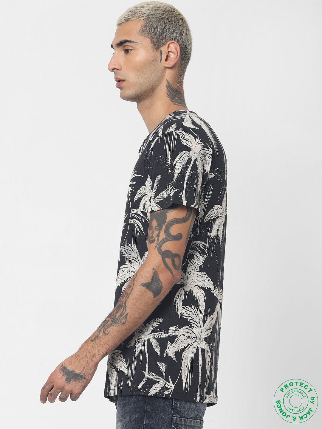 Black Tropical Print Crew Neck T-shirt