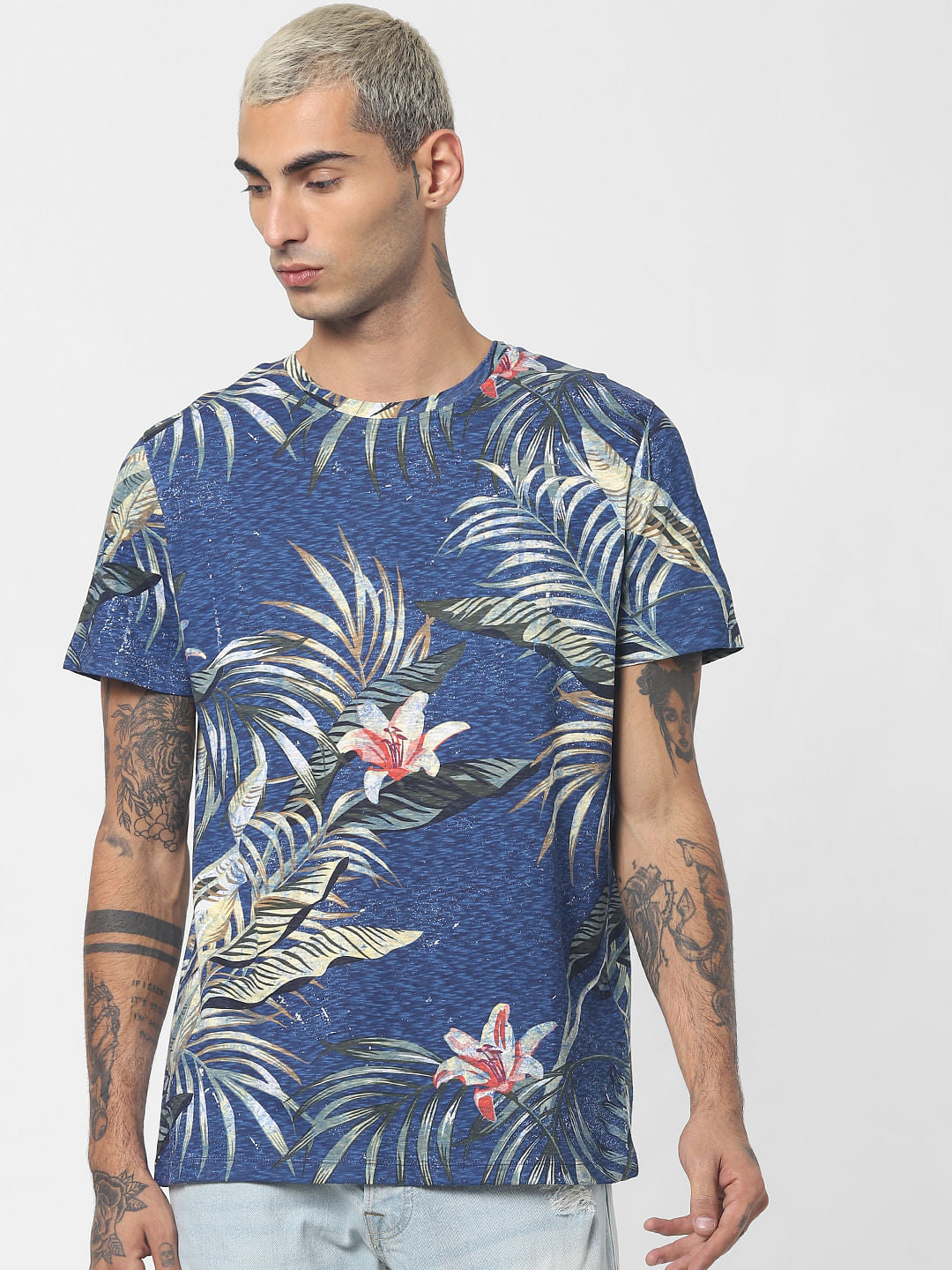 Blue Tropical Print Crew Neck T-shirt