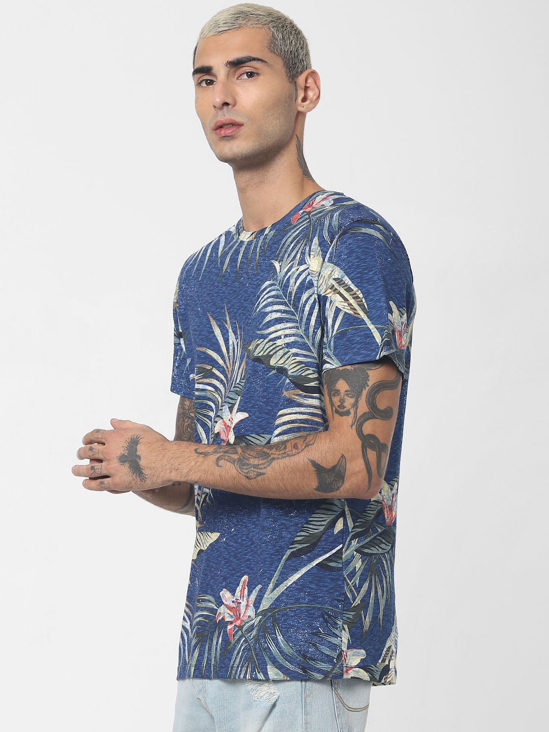 Blue Tropical Print Crew Neck T-shirt