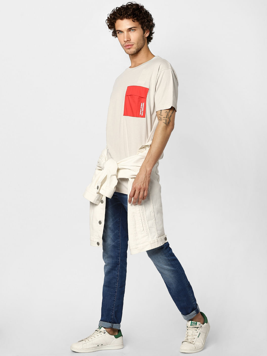 Beige Patch Pocket Crew Neck T-shirt - S