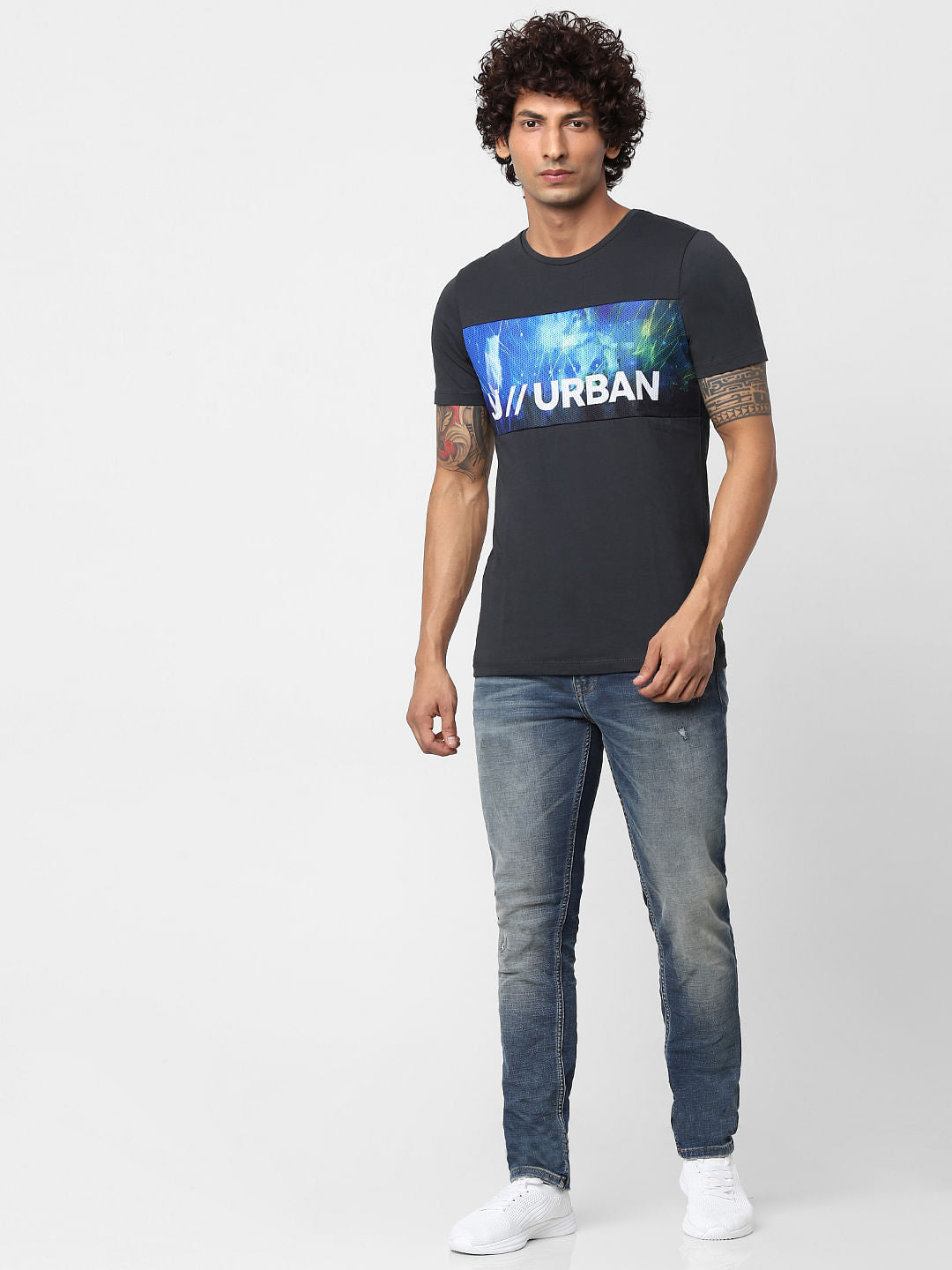Black Text Print Crew Neck T-shirt