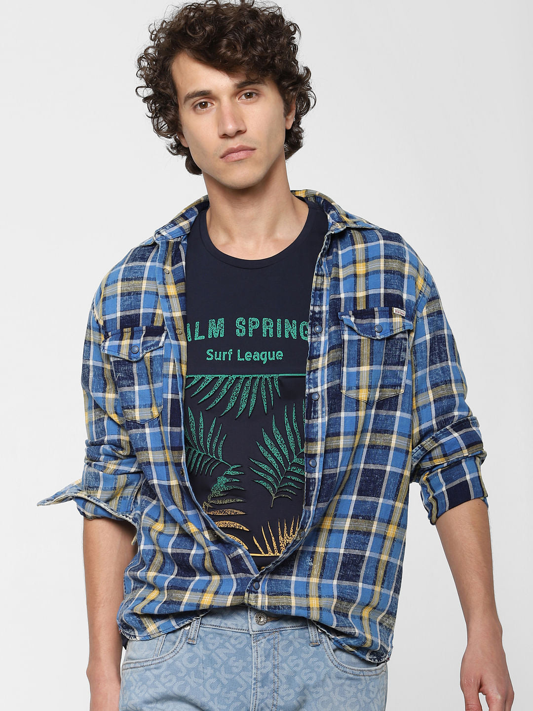 Navy Blue Tropical Print Crew Neck T-shirt - S