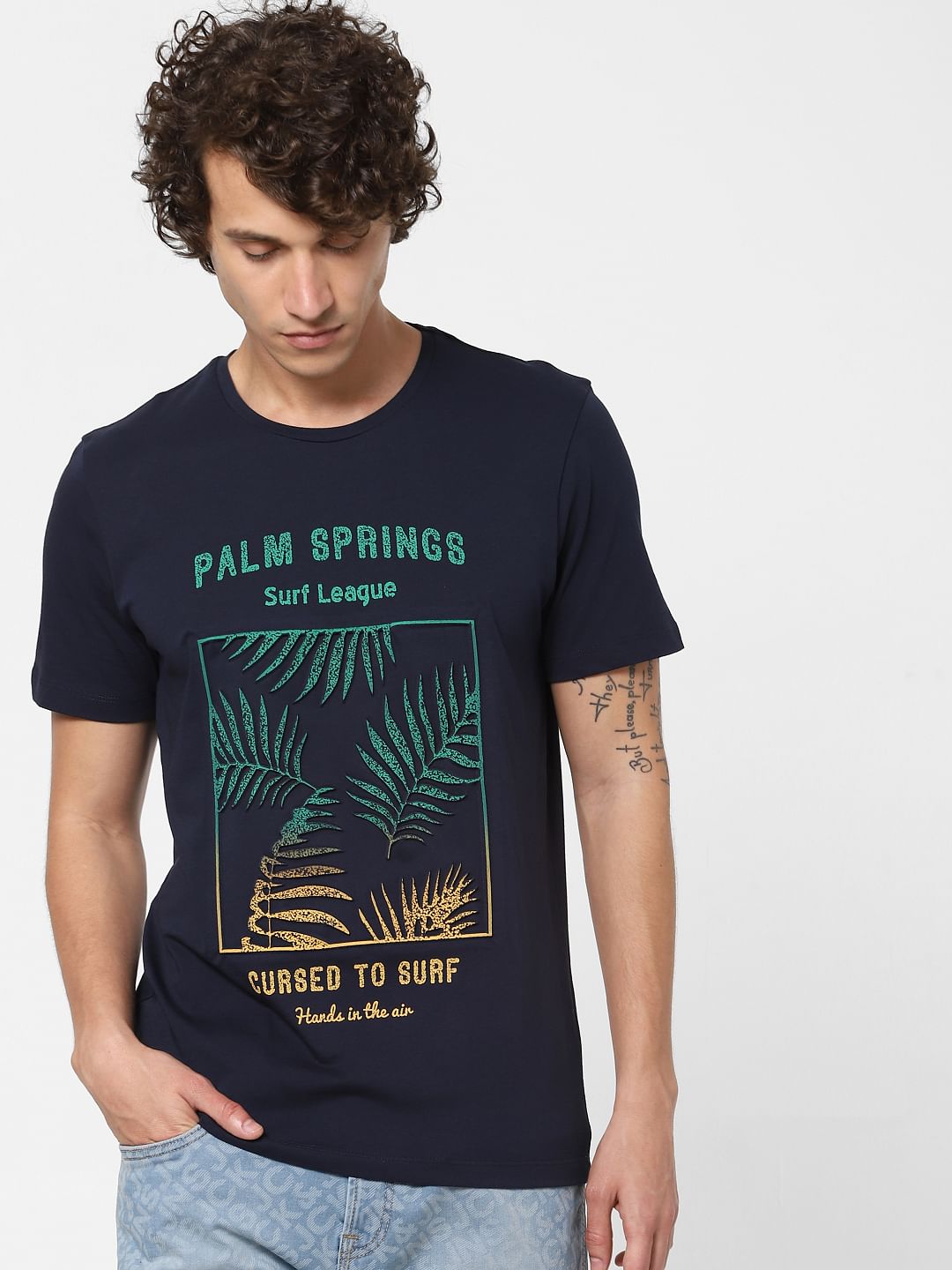 Navy Blue Tropical Print Crew Neck T-shirt