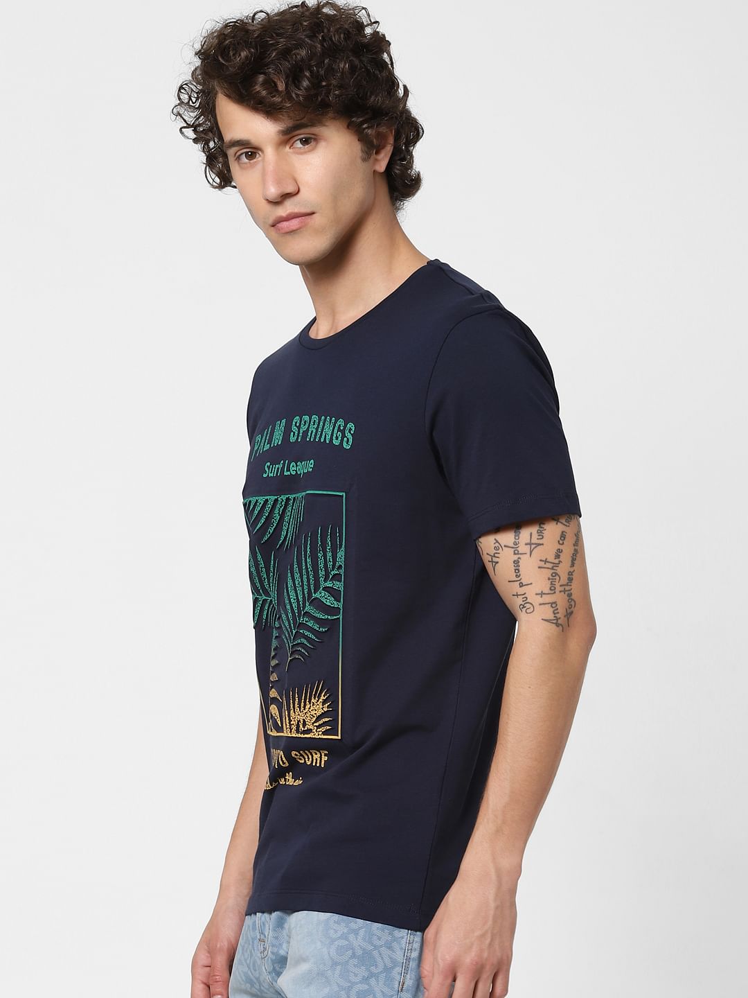 Navy Blue Tropical Print Crew Neck T-shirt