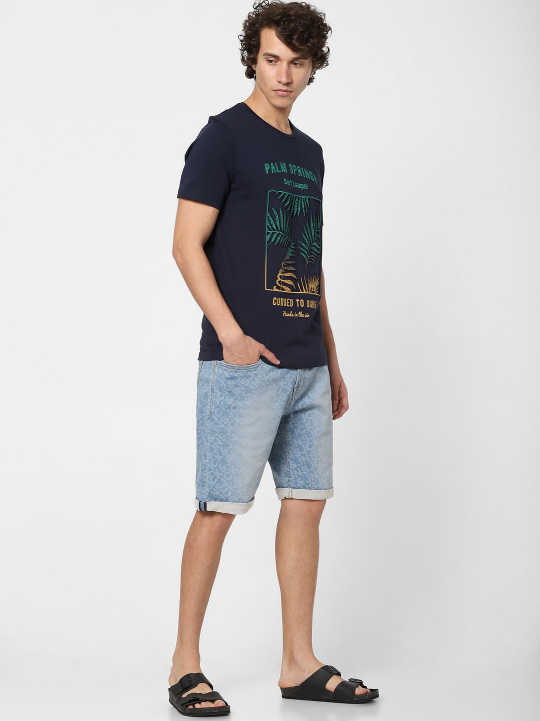 Navy Blue Tropical Print Crew Neck T-shirt
