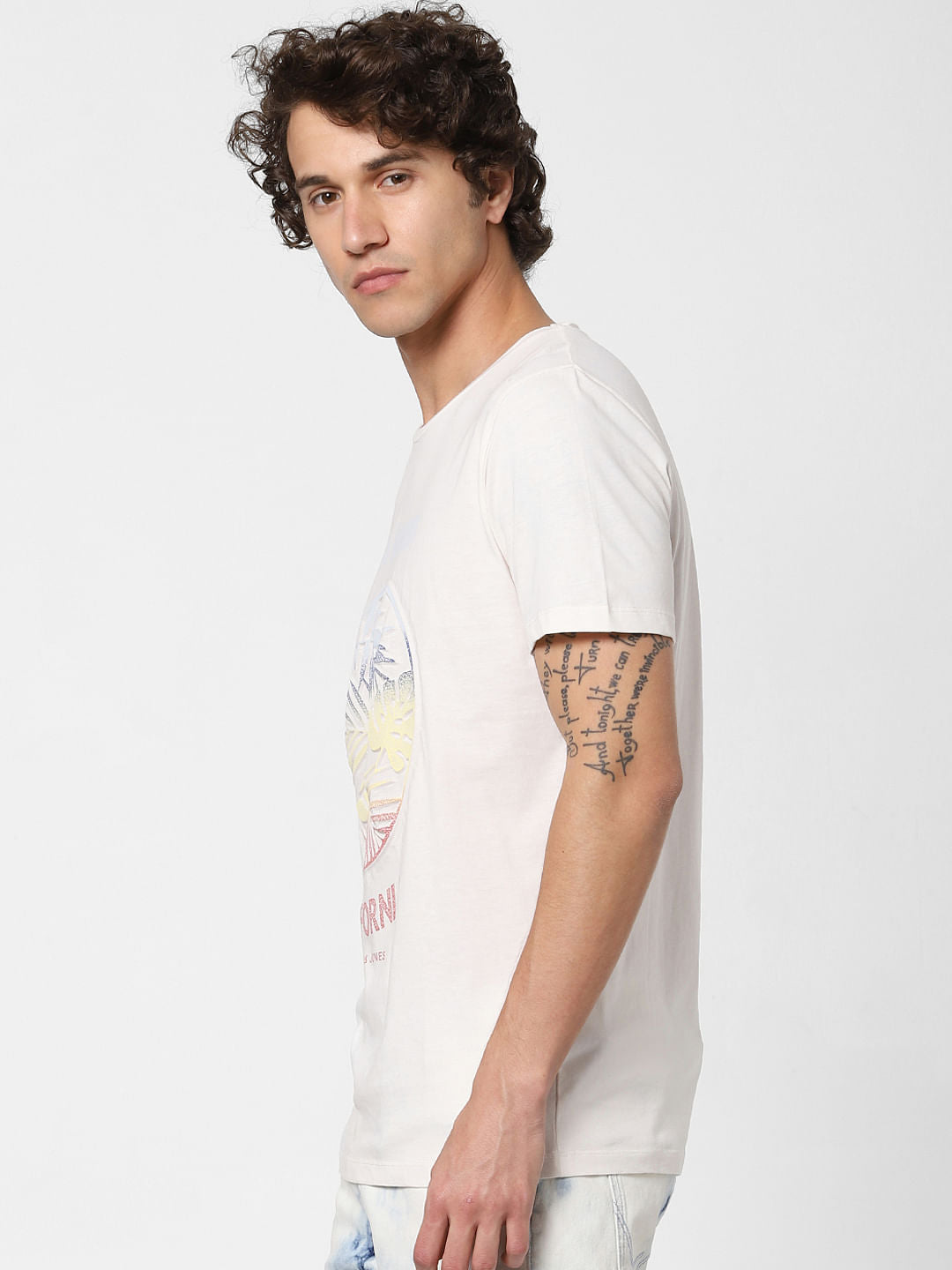 White Tropical Print Crew Neck T-shirt
