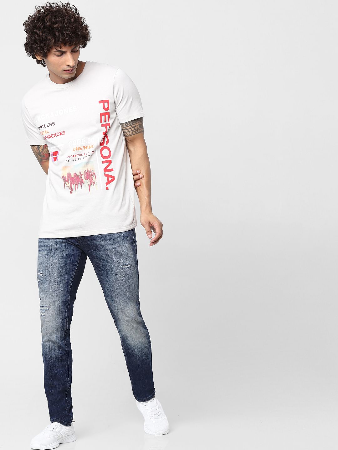 White Text Print Crew Neck T-shirt - S