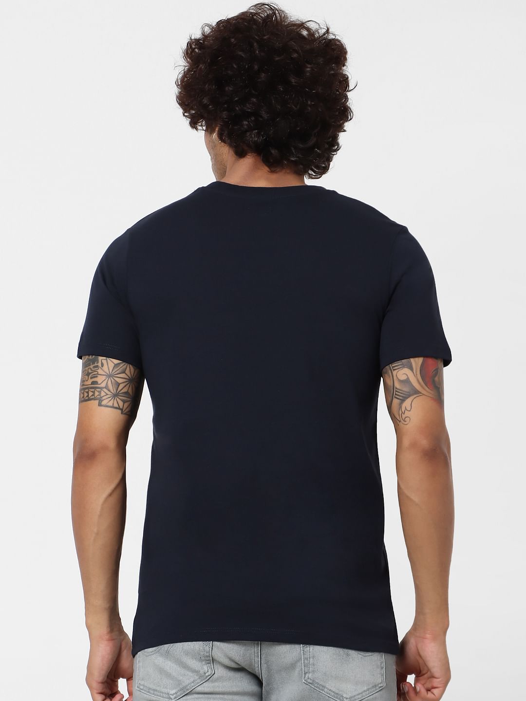 Dark Blue Text Print Crew Neck T-shirt
