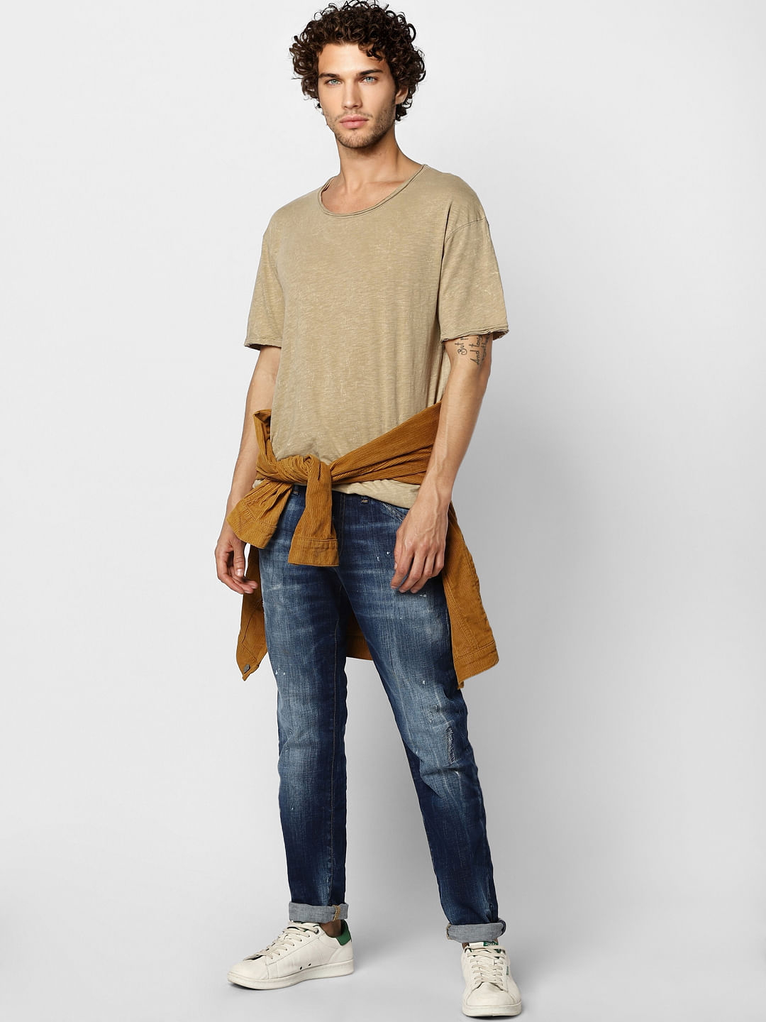 Brown Raw Edge Washed Crew Neck T-shirt - S