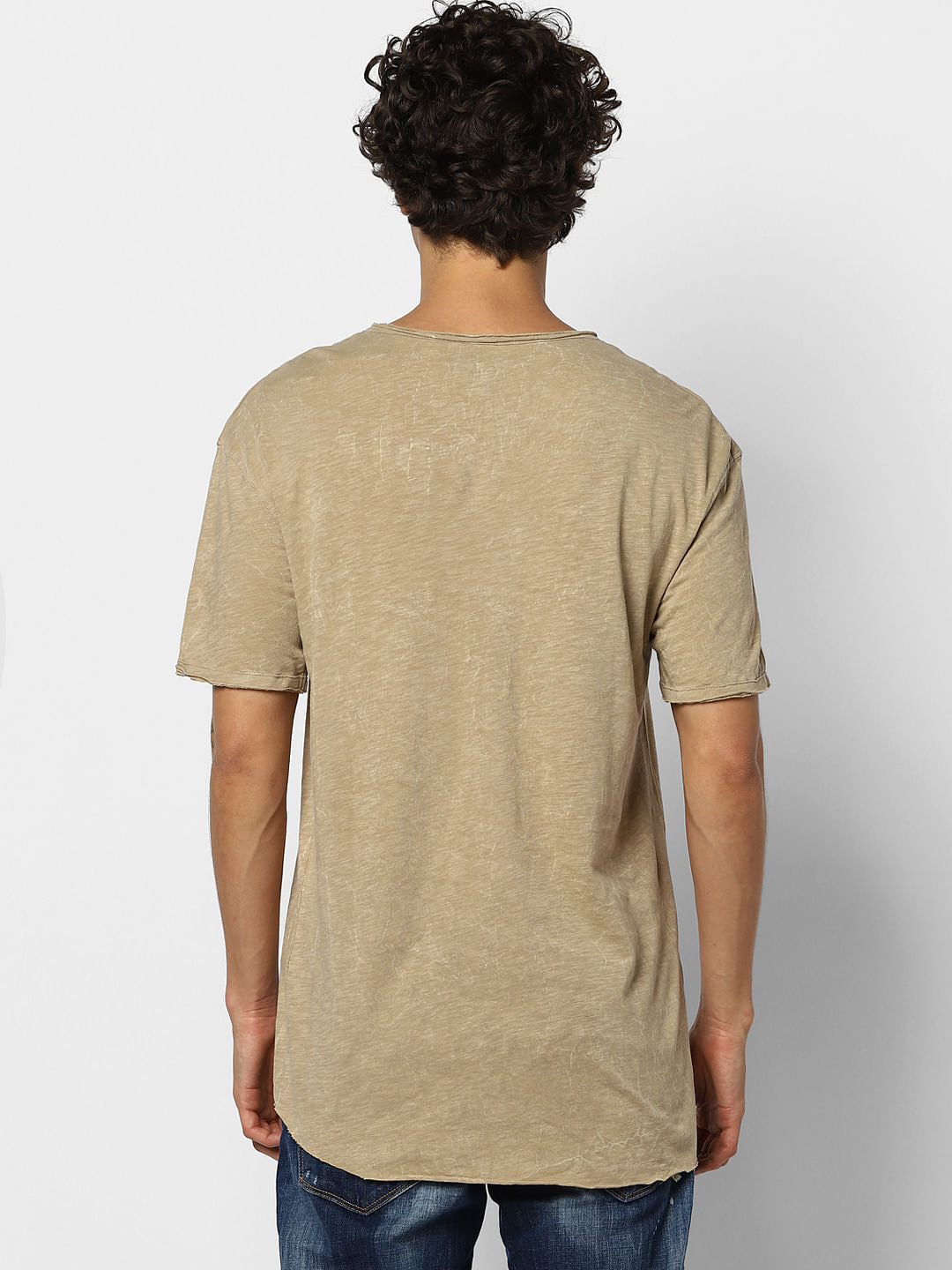 Brown Raw Edge Washed Crew Neck T-shirt