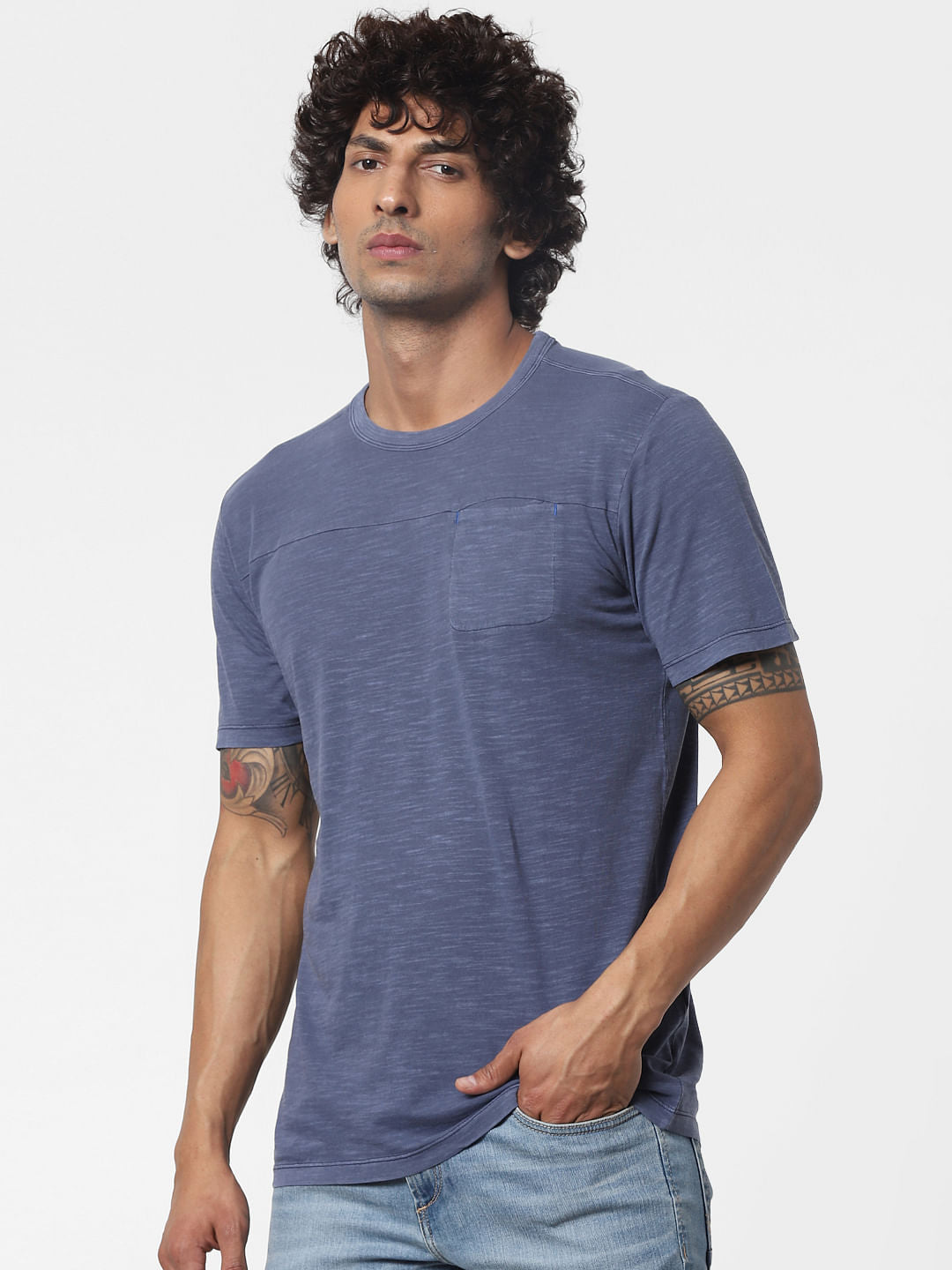 Blue Slub Crew Neck T-shirt