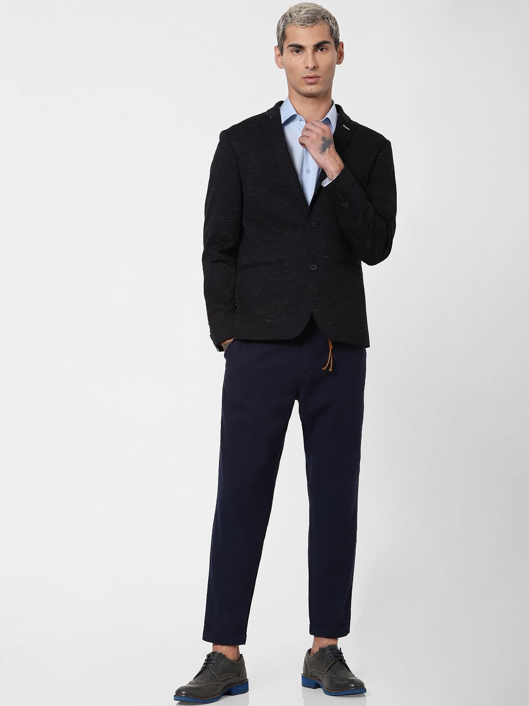 Navy Blue Low Rise Linen Slim Pants - 28/30