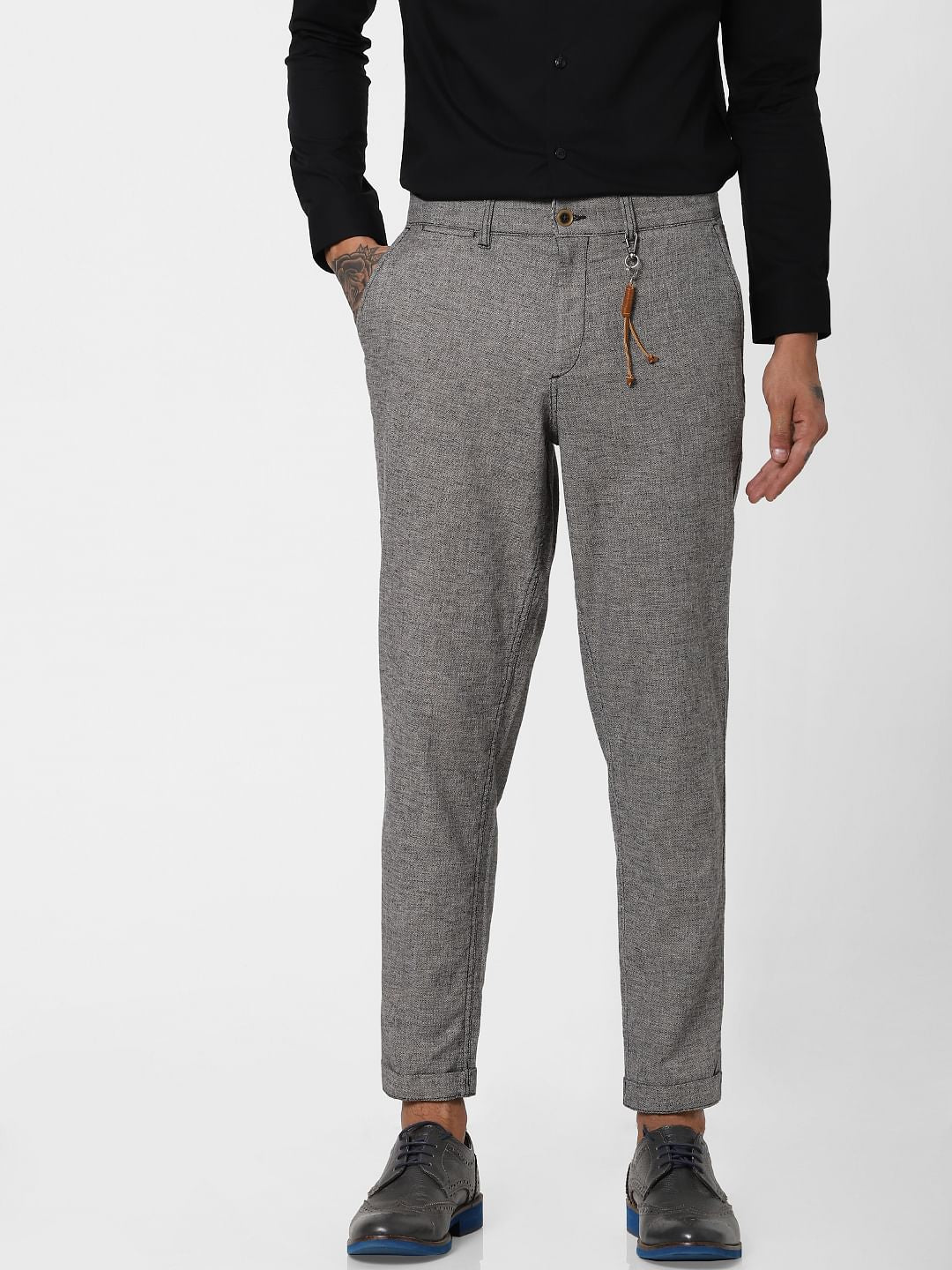 Grey Low Rise Linen Slim Pants
