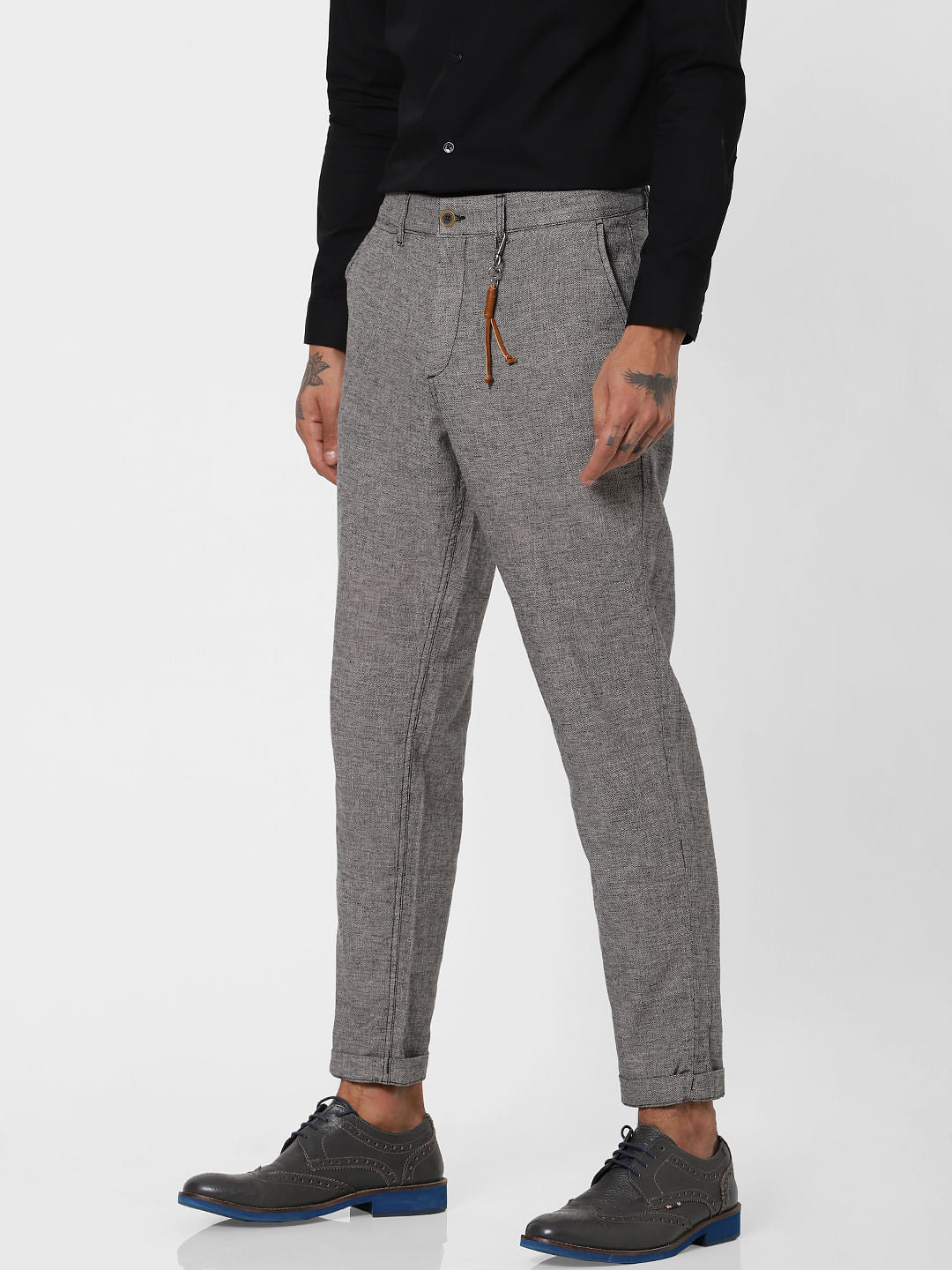 Grey Low Rise Linen Slim Pants