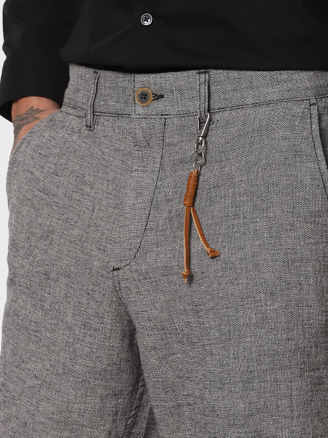 Grey Low Rise Linen Slim Pants