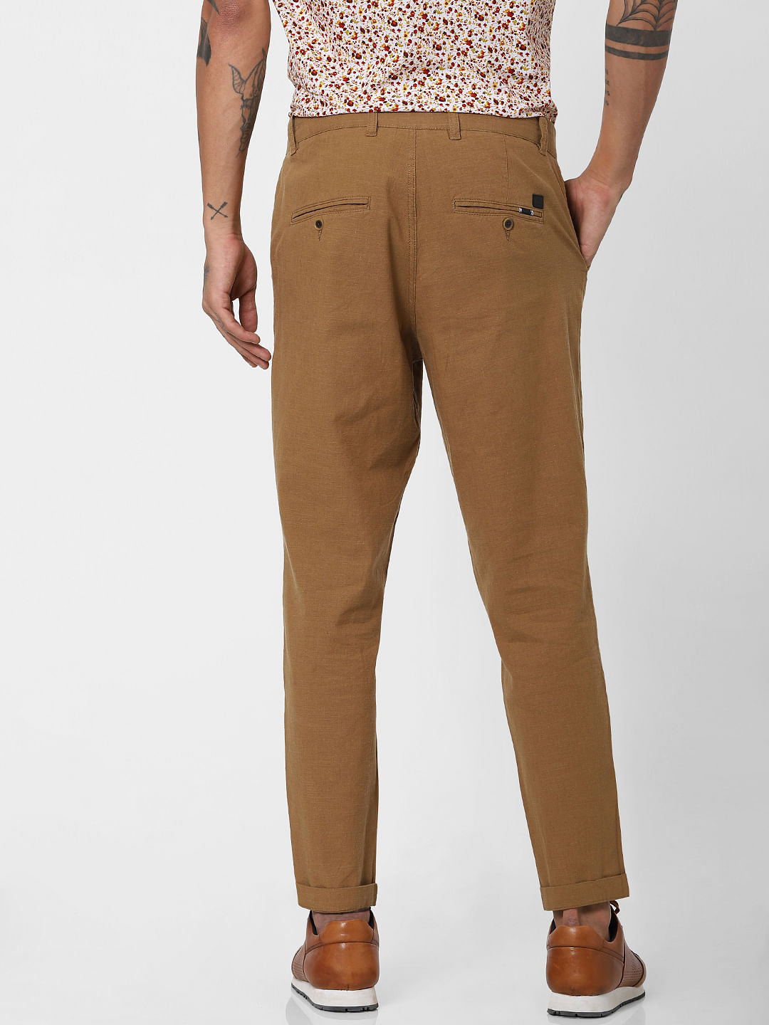 Brown Low Rise Linen Slim Pants
