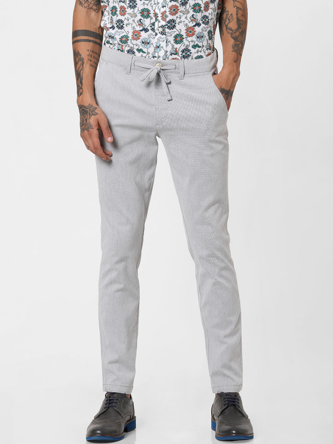Grey Low Rise Textured Pants