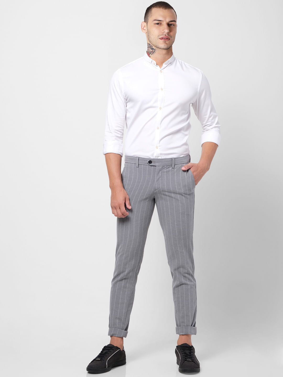 Grey Mid Rise Striped Slim Fit Pants