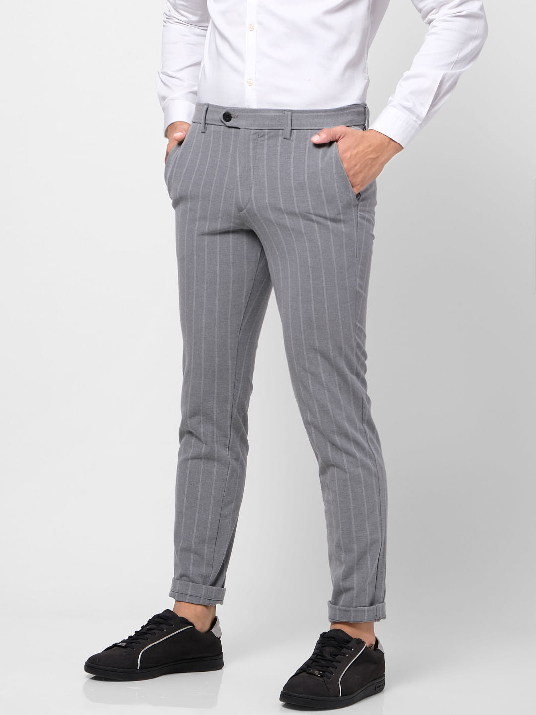 Grey Mid Rise Striped Slim Fit Pants