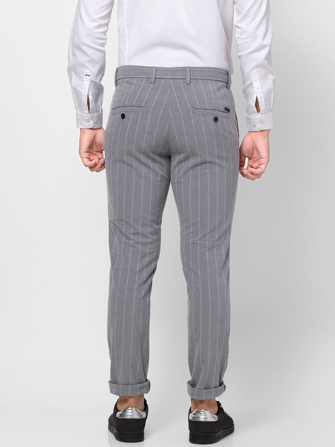 Grey Mid Rise Striped Slim Fit Pants