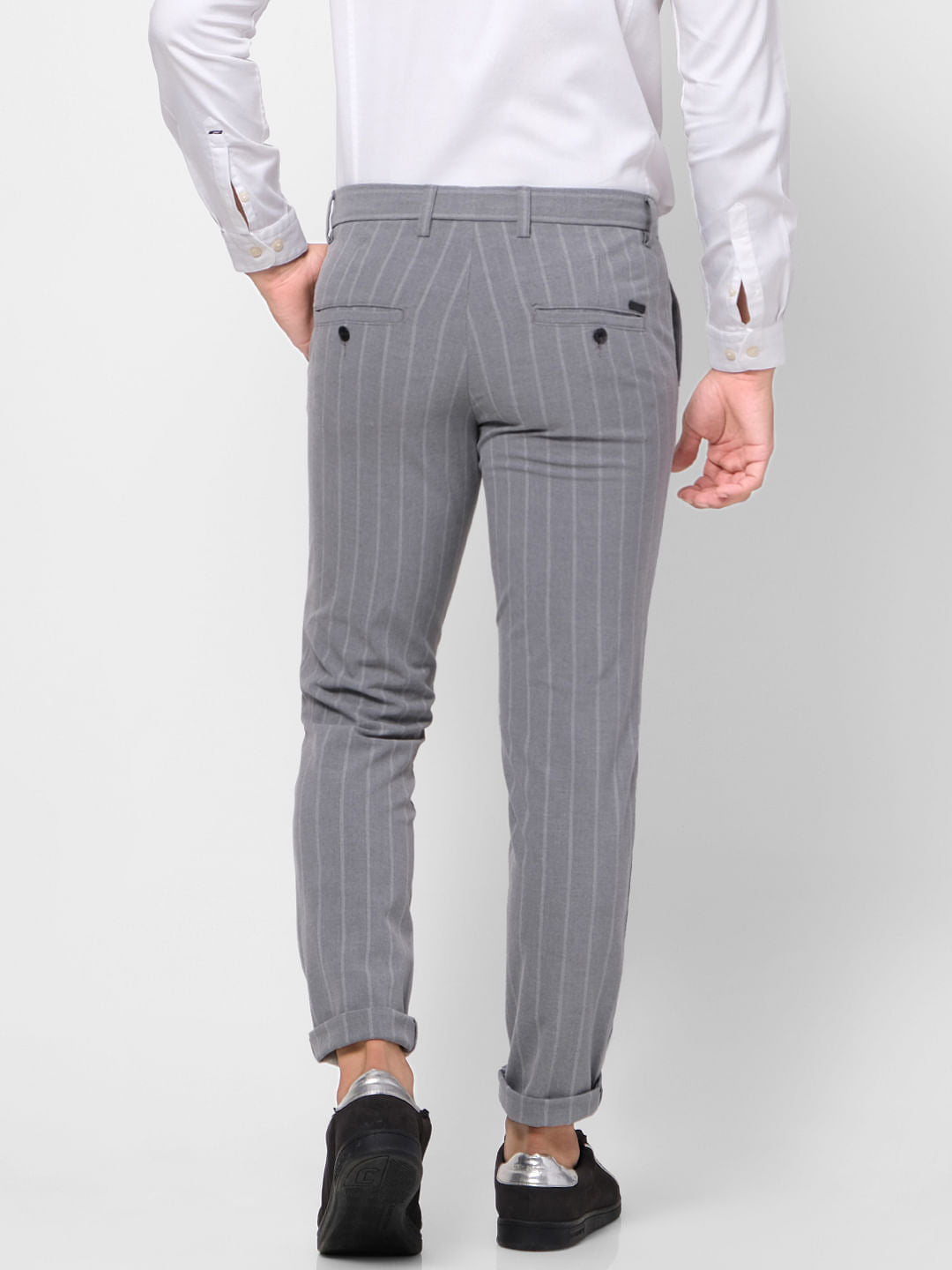 Grey Mid Rise Striped Slim Fit Pants