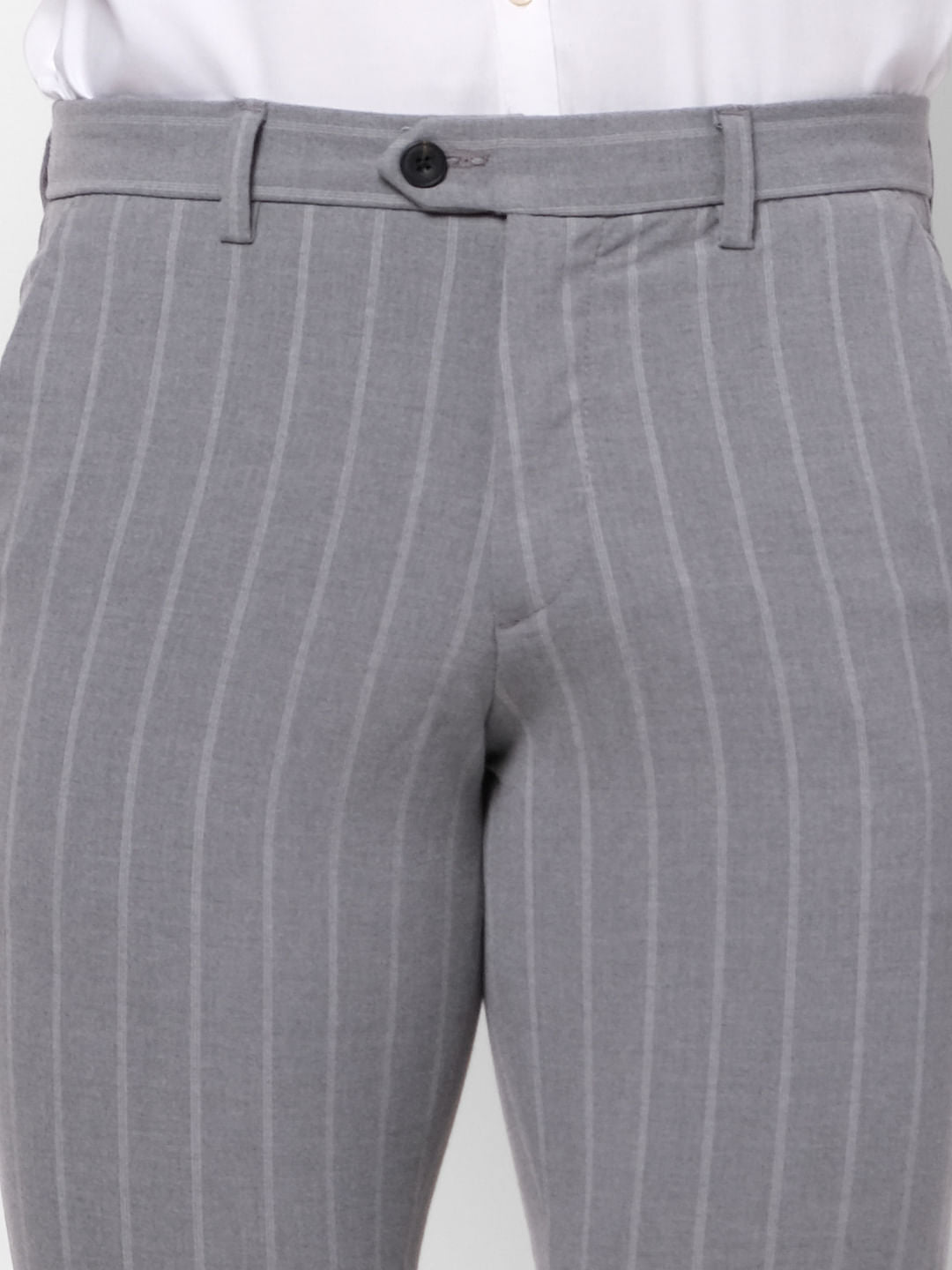 Grey Mid Rise Striped Slim Fit Pants