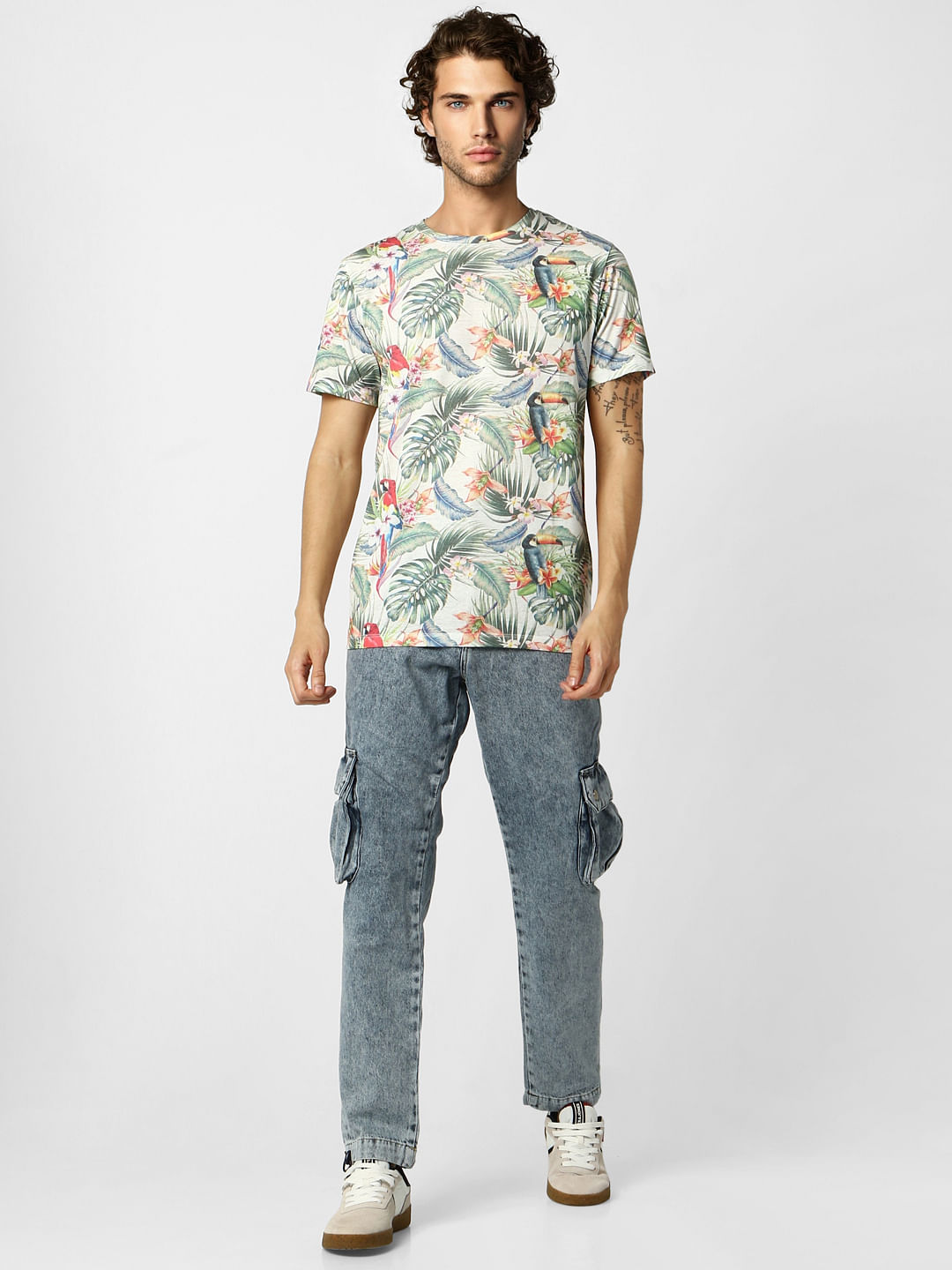 White Tropical Print Crew Neck T-shirt - S