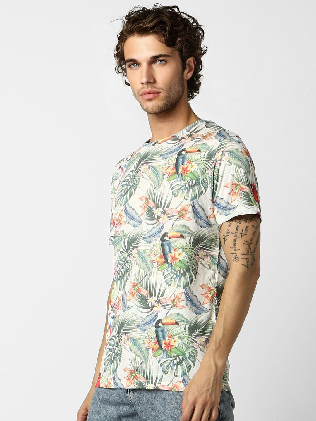 White Tropical Print Crew Neck T-shirt